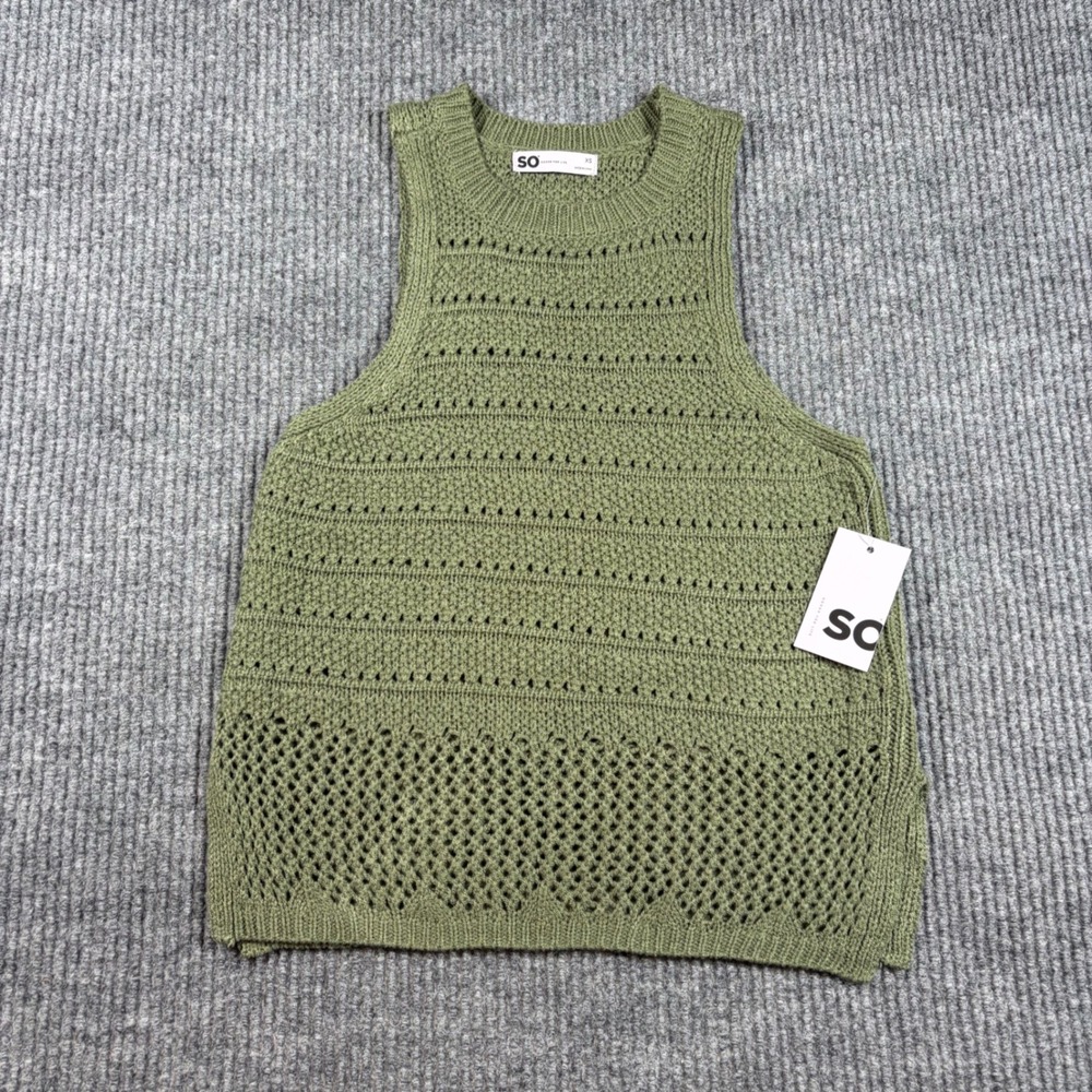 SO Tank Top Womens XS Olive Green Pointelle Knit Sleeveless Sweater Vest Top NWT